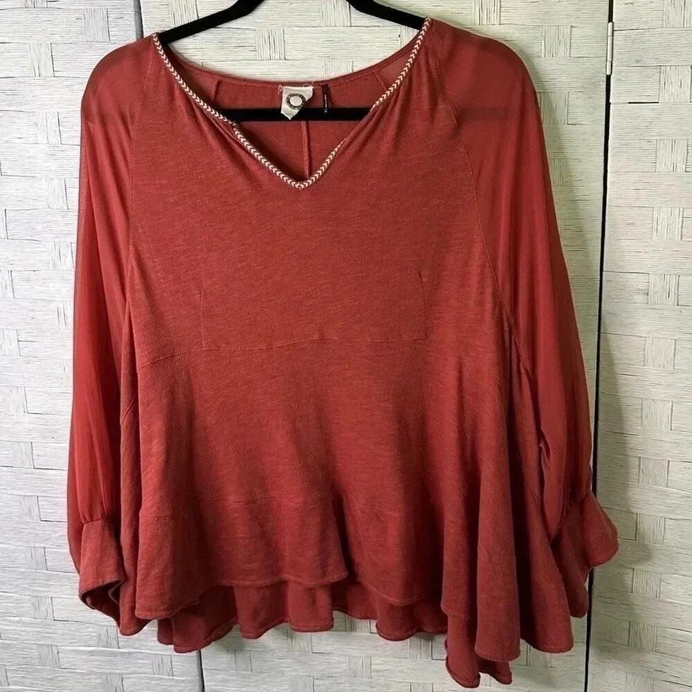 ANTHROPOLOGIE Womens V Neck sheer‎ Sleeve blouse button cuff dusty Rose bohemian